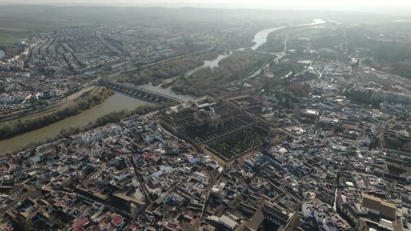 Aerial drone view over magnificent city of Cordoba, with its cathedral-mosque