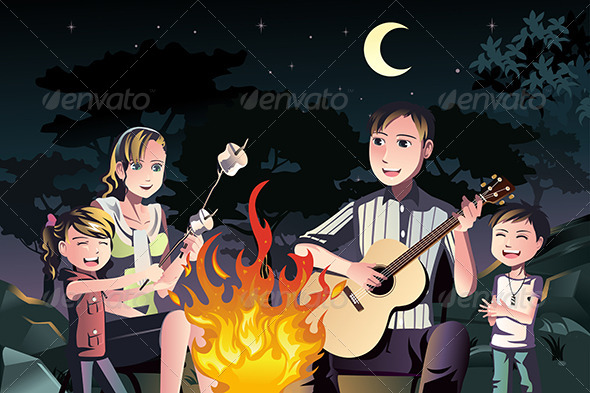 Family Having a Bonfire - Travel Conceptual