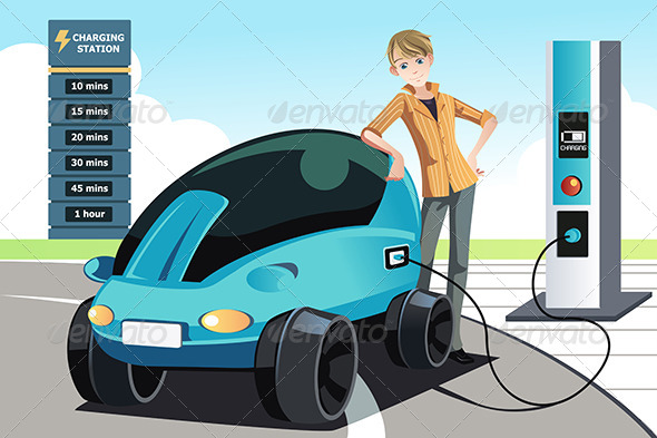 Man Charging Electric Car - Conceptual Vectors