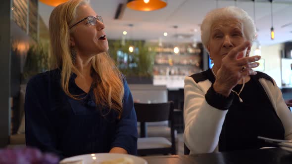 Mature woman and elderly woman sitting at a table in a restaurant and laughing and talking. alt