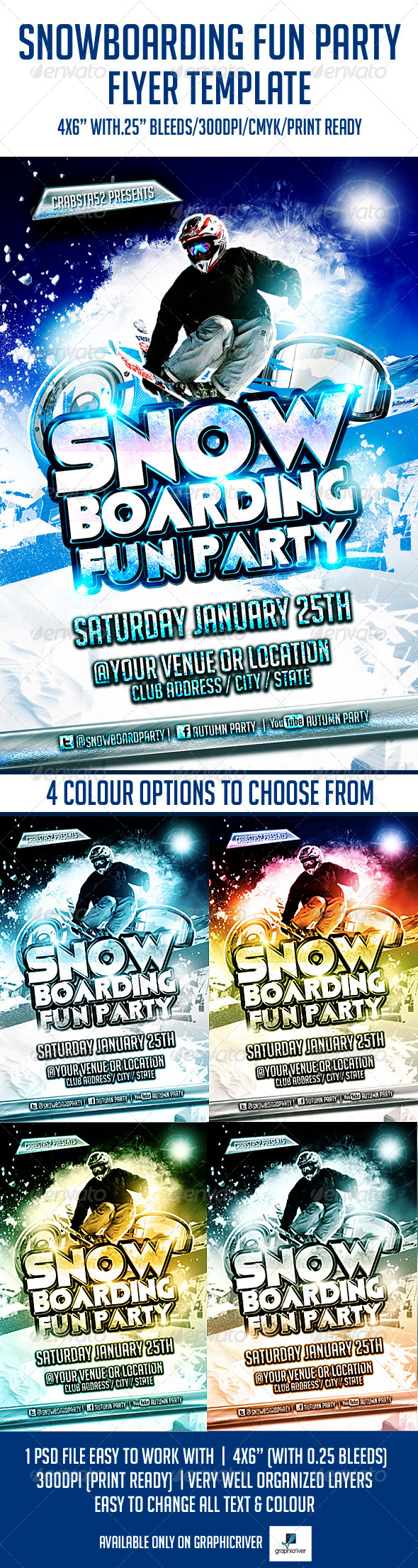 Snowboarding Fun Party Flyer Template - Flyers Print Templates