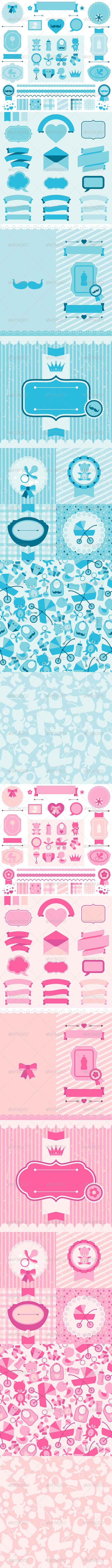 Boy and Girl Baby Shower Elements and Backgrounds. - Birthdays Seasons/Holidays