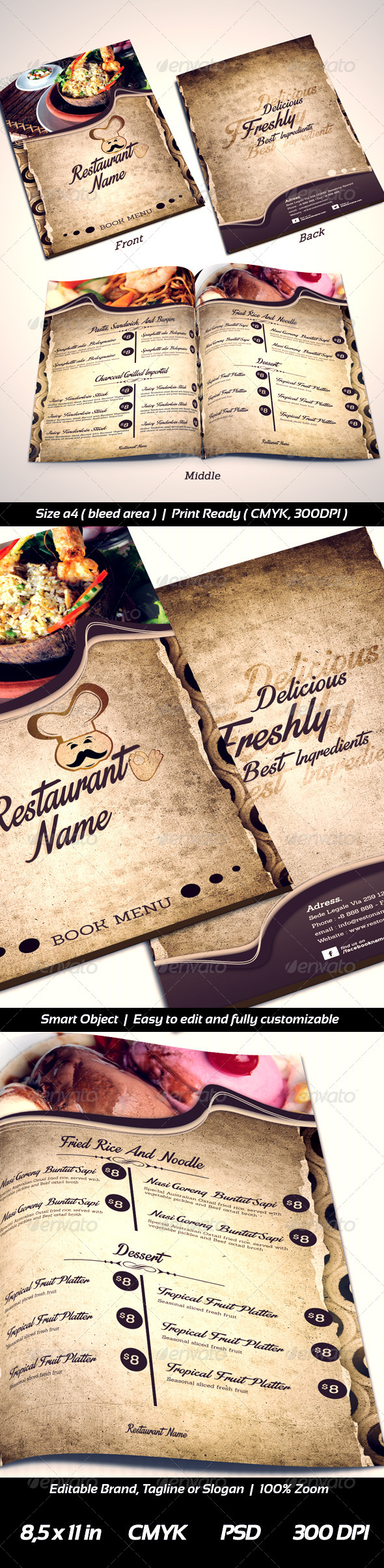 Restaurant Menu Templates Front-2 Middle-Back - Food Menus Print Templates