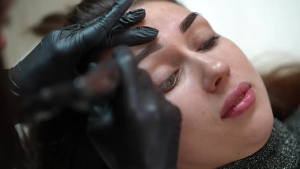 Face of Young Beautiful Woman with Unrecognizable Tattoo Master Doing Permanent Makeup Injecting alt