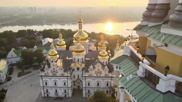 Kyiv-Pechersk Lavra in the Morning at Sunrise. Ukraine. Aerial View alt
