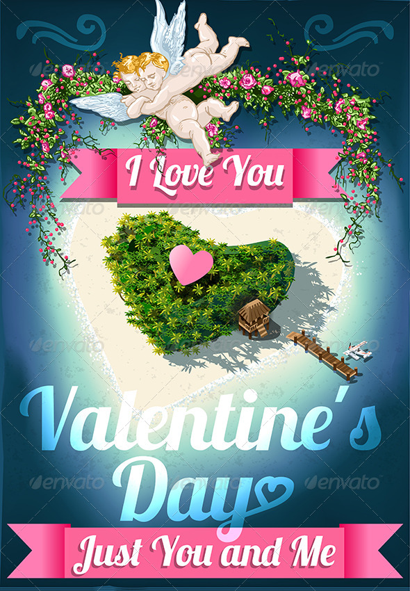 Heart Shaped Tropical Island with Romantic Resort - Valentines Seasons/Holidays