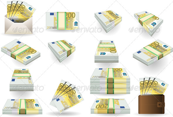 Full Set of Two Hundred Euros Banknotes - Objects Vectors