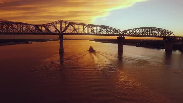 Mississippi River Boat Aerial Sunset 4k