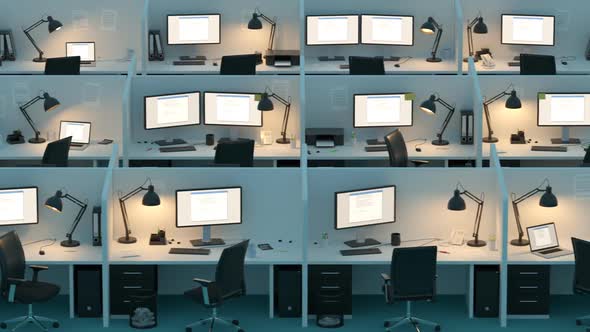 Modern office cubicles. Red error screen showing in the computer screens. alt