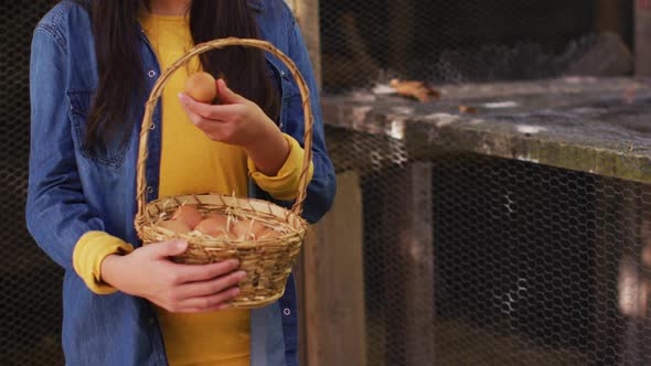 Smiling asian girl with basket of eggs standing by hen house in garden alt