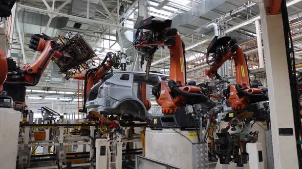 BELARUS BORISOV September 29 2021 Modern Assembly of Cars at the Plant Car Body Welding Process
