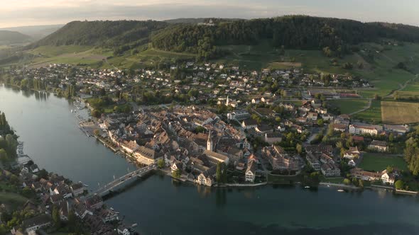 Aerial view of the beautiful town of Stein am Rhein on Rhein riverside. alt