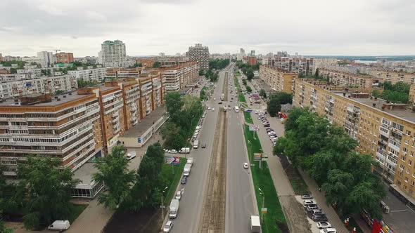 Aerial Shot of Samara City, Car Traffic, Tram Lines, Apartment Houses in Summer Day