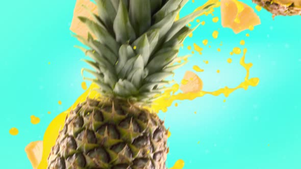 Pineapple with Slices Falling on Turquoise Background alt