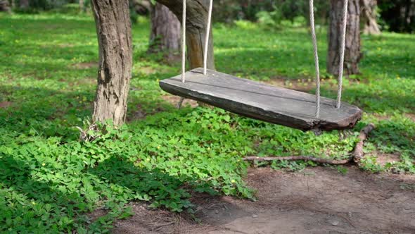 Slow motion of a wooden swing in the park