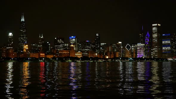 Chicago Skyline Reflected on the Lake at Night Panoramic