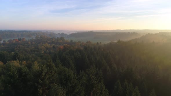 Aerial View of Idyllic Misty Landscape at Sunrise