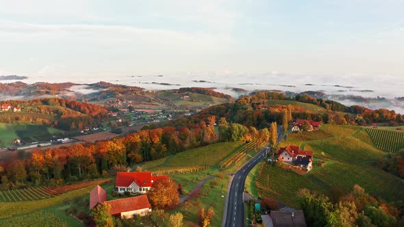 Scenic Aerial Views of South Styria in Austria on Autumn Morning