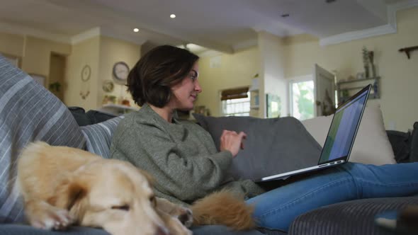 Smiling caucasian woman working from home and stroking her pet dog on sofa next to her alt