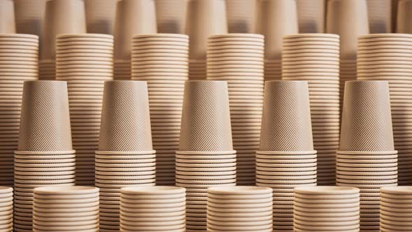 Footage of assorted disposable cups. Stacks of cups. Close up. Zooming in. alt