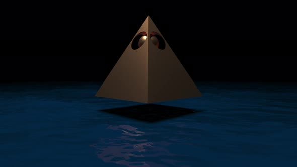 Abstract pyramid rotates over the surface of the sea.