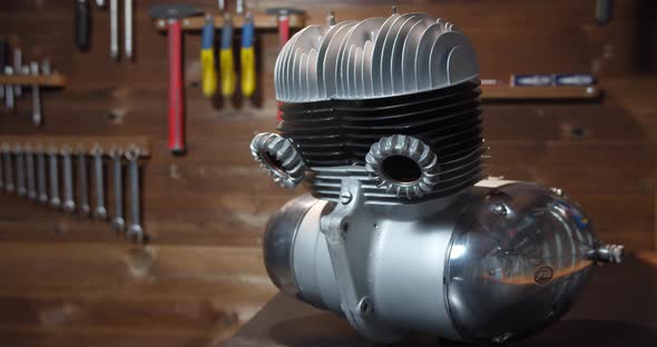 Classic Motorcycle Restored Engine After Repair in Workshop alt