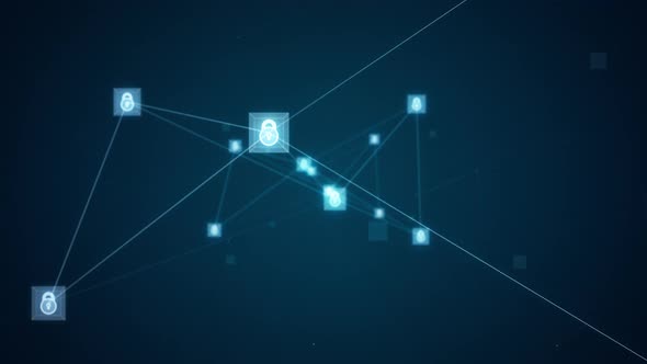 Blue security Key icon and futuristic cube with network connection Meta verse abstract background alt