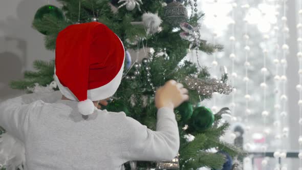 Lovely Boy in Santa Claus Hat Decorating Christmas Tree alt
