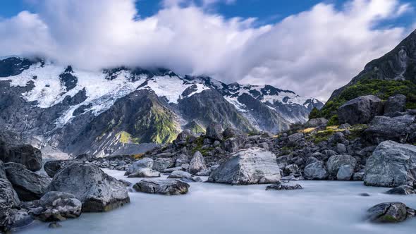 Timelapse of Mount Sefton, Tasman River, New Zealand alt