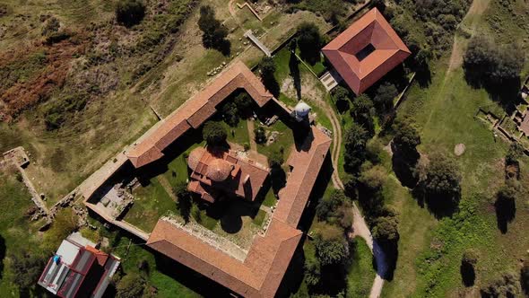 View From Drone of Ancient Ruins Monastery and Beautiful Green Fields