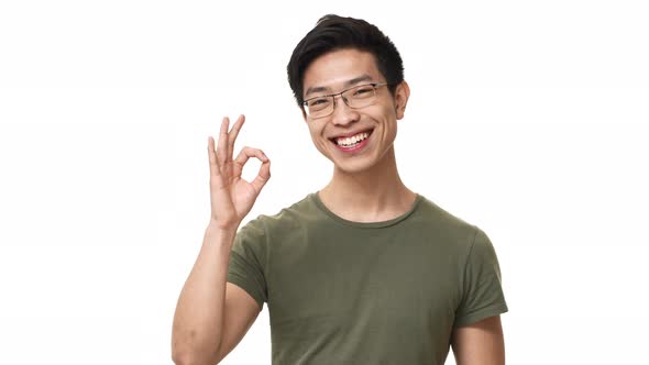 Portrait of Brunette Chinese Man Wearing Glasses and Basic Tshirt Showing Ok Symbol in Successful alt