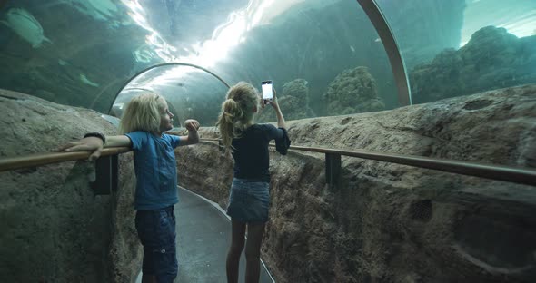Girl Talking Photos with Little Brother in Glass Tunnel in Oceanarium alt
