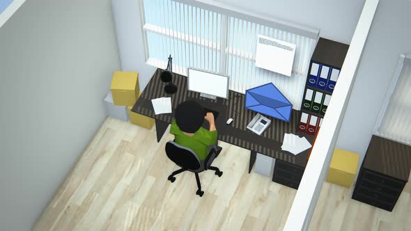 View of the corporate open room with white cubicles and employees working in it.