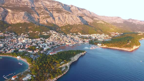Aerial view of sunset at Makarska bay in Dalmatia alt