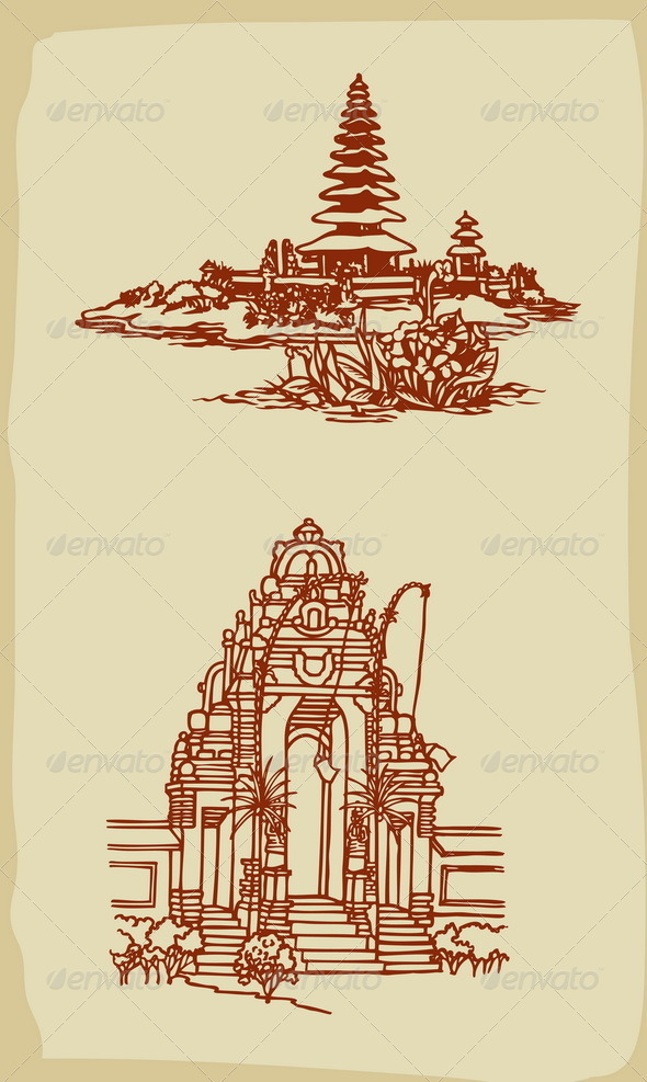 Balinese Temple Illustrations Vintage Style - Buildings Objects