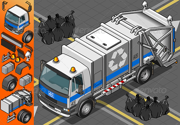 Isometric White Garbage Truck in Front View - Objects Vectors