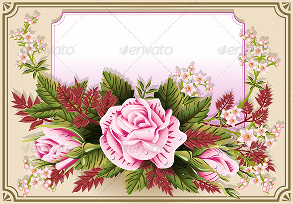 Pink Roses Ornament on Vintage Frame - Flourishes / Swirls Decorative