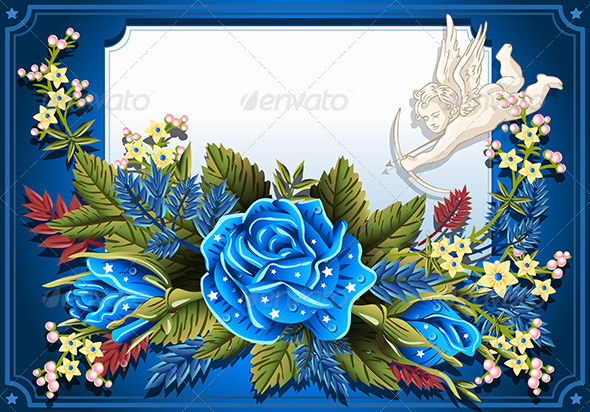 Blue Roses Ornament on Vintage Frame - Flourishes / Swirls Decorative