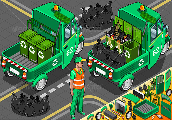 Isometric Garbage Rickshaw in Rear View - People Characters
