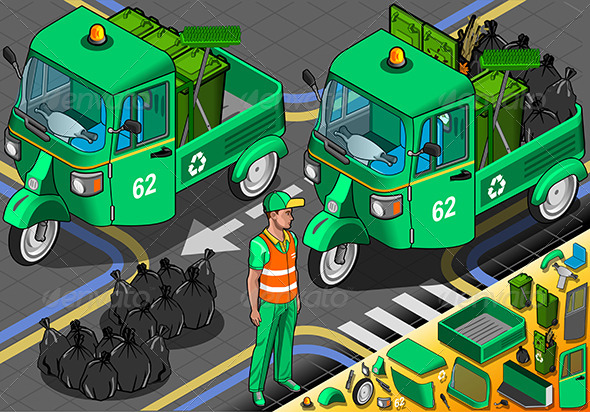 Isometric Garbage Rickshaw in Front View - Objects Vectors