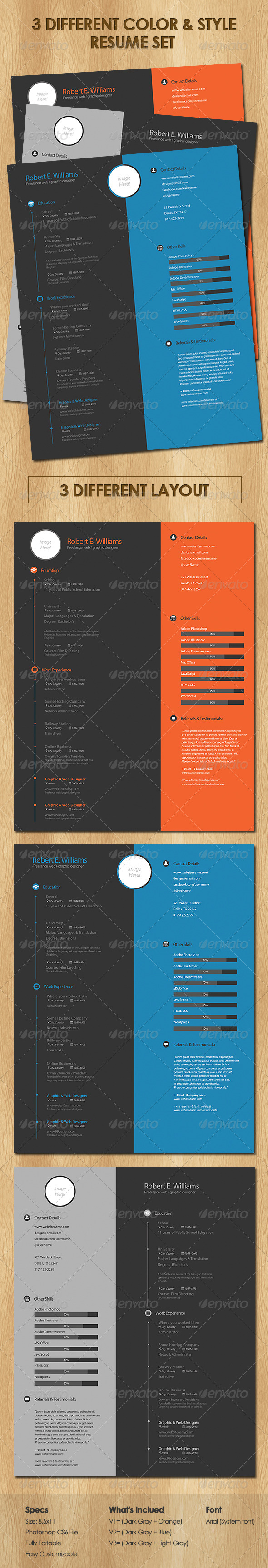 3 Different Color & Style Resume Set