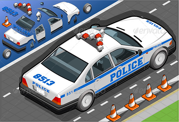 Isometric Police Car in Rear View - Objects Vectors