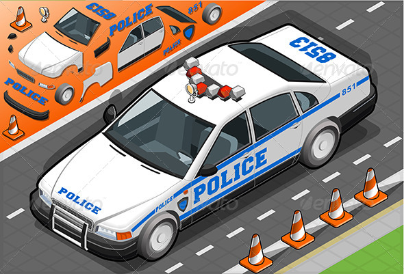 Isometric Police Car in Front View - Objects Vectors
