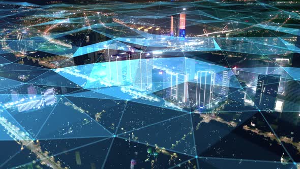 smart Connected city skyline. Futuristic network concept, city Technology. alt