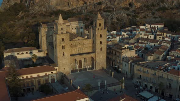 Drone shot of Norman Church in Cefalu, Island of Sicily Italy 4K