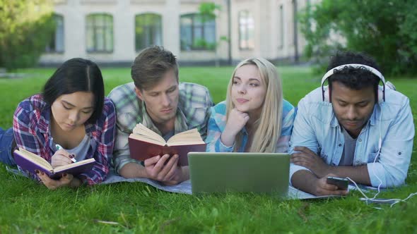 Multi-Ethnic Men and Women Doing Homework on Grass on Campus, Higher Education alt