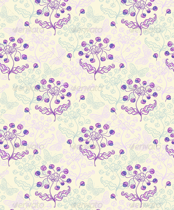 Pattern with Violet Flowers and Butterflies - Patterns Decorative