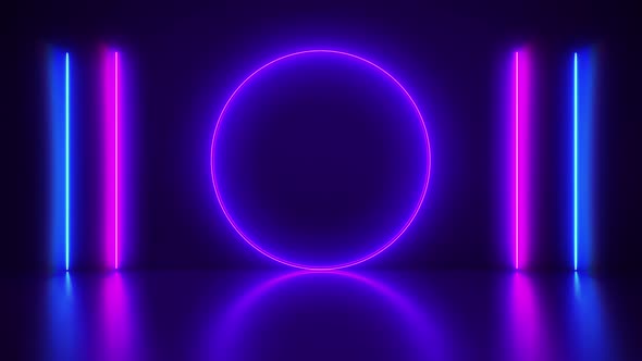 Neon abstract background, laser show in circle and lines in pink and blue spectrum vibrant colors. 4