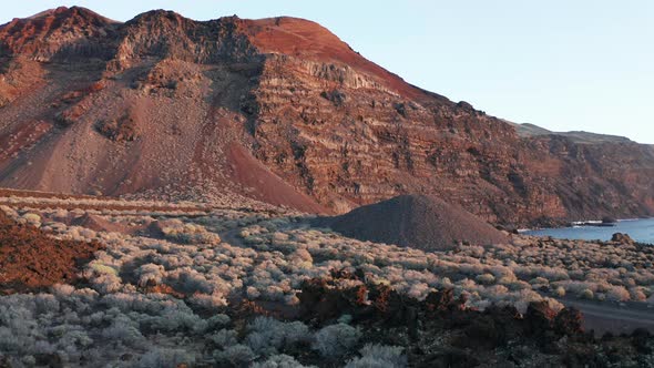Aerial dolly over brown lava, rural road and field of light bushes alt