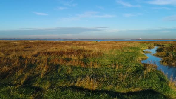 Aerial view above of wide wetland ecosystem near the ocean, Netherlands. alt